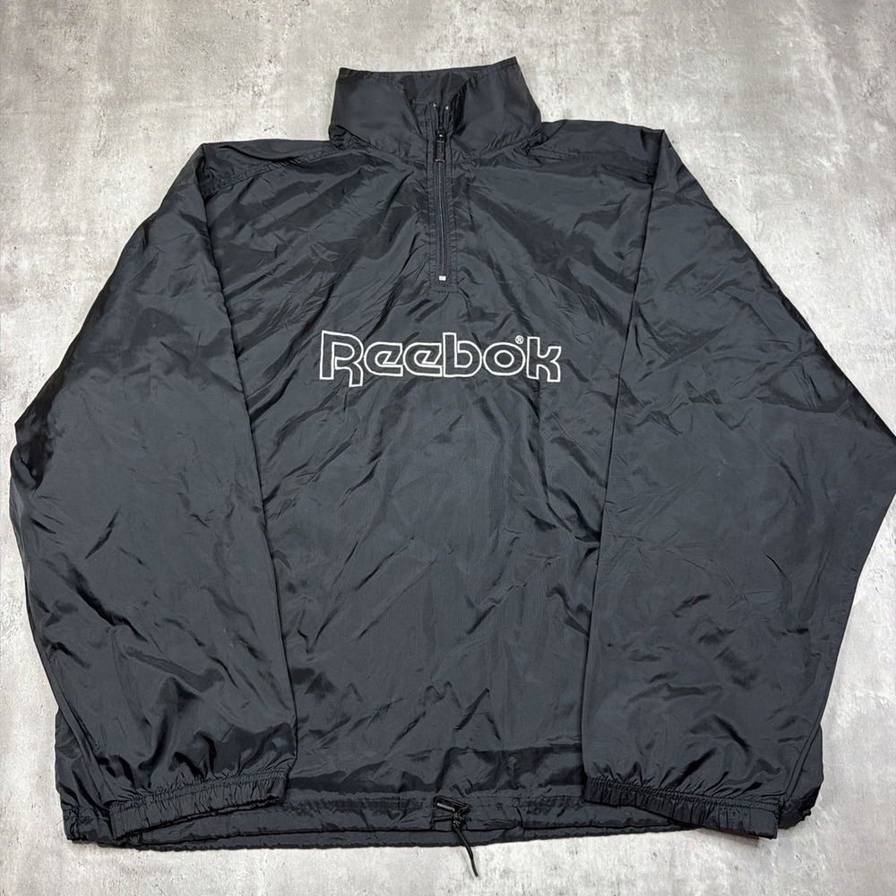 Vintage 80s 90s Reebok Windbreaker Jacket Mens XL Black Zip Up Nylon 1/4 Zip
